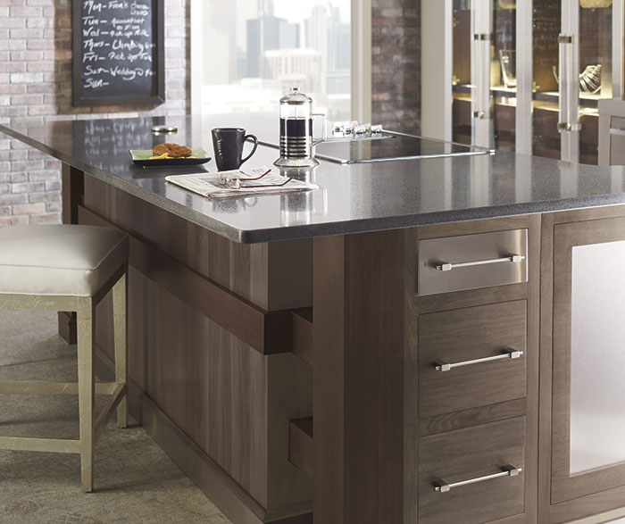 Tarin Walnut kitchen cabinets in Riverbed and Kodiak finishes